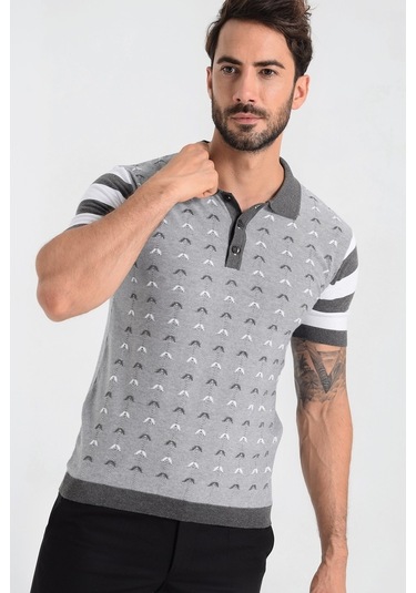 Heyss Polo Yaka Kısa Kollu Desenli Erkek Triko (380734720) Gri