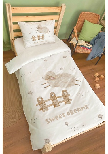 Organik Tek Kişilik Nevresim Takımı 160x220 - Mışıl Mışıl Kuzucuk Renkli