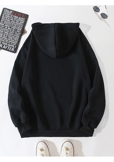 Startmore Siyah Unisex Kadın/erkek Nasa Renkli Baskılı Oversize Kapüşonlu