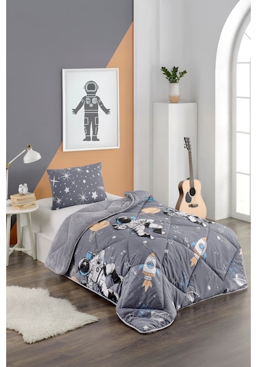Renkli Desenli Tek Kişilik Yorgan Peluş Çift Taraflı Yastık Kılıflı Çarşafsız Astronot Erkek Çocuk