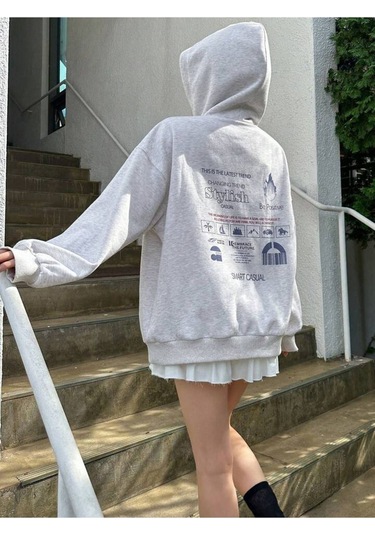 Siylish Casual Hırka - Gri Baskılı Oversize Kapüşonlu Gri