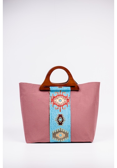 Fabric Craft Bag El Çantası Pembe Duck Kumaş Ahşap Saplı Lila - Pembe
