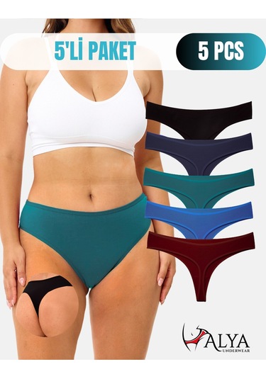 Alya Underwear Kadın Bato Tanga Pamuklu Külot, Büyük Beden String, 5'li Paket- 2 Siyah, 1 Beyaz, 2 Ten Multicolor-p24