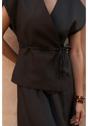 Fiametta Salaş Acı Kahve Keten Yelek Etek Takım Acı Kahverengi