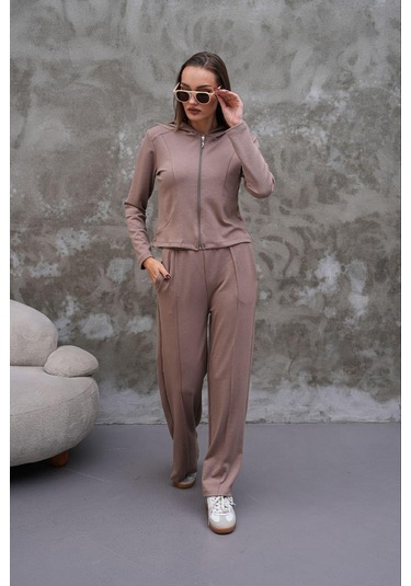 Elaxi Modal Kumaş Slim Fit Kapüşonlu İkili Takım VİZON