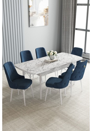 Jusie Beyaz Mermer Desen 80x132 Açılabilir Yemek Odası Takımı 6 Adet Sandalye Lacivert