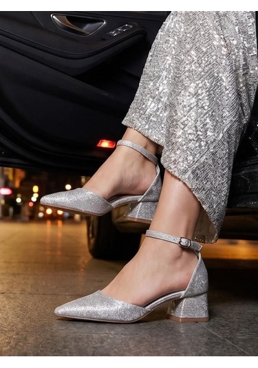 Nesilshoes Nesil Shoes Ermod 301 Gümüş Simli Topuklu Kadın Ayakkabı