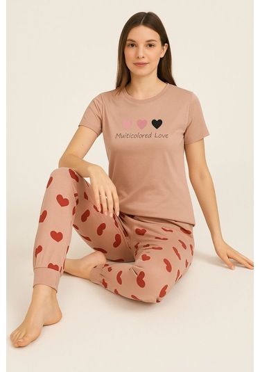Fames Pijama Yazlik Kisa Kol Kalp Desen Pijama Takim Bej