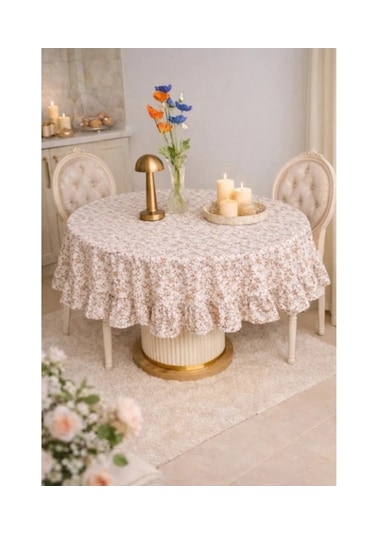 Fırfırlı Yuvarlak Masa Örtüsü Vintage 130 X 130 Cm Bej