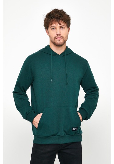 Koyu Yeşil Erkek Kapüşonlu Kanguru Cepli Sweatshirt