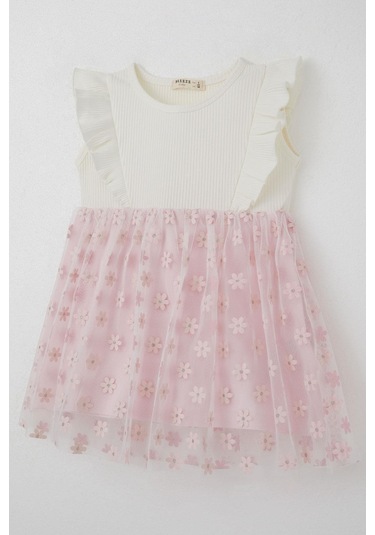 Breeze Kız Çocuk Elbise Eteği Çiçekli Tül Detaylı 3-8 Yaş, Ekru Ekru