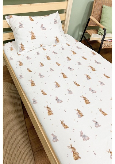 Organik Tek Kişilik Lastikli Çarşaf Seti - Neşeli Tavşan Notaları Renkli