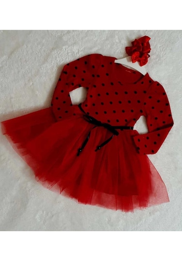 Kız Çocuk Kırmızı Uzun Kol Puantiyeli Doğum Günü Özel Gün Yılbaşı Hediye Abiye Günlük Prenses Elbise Kırmızı