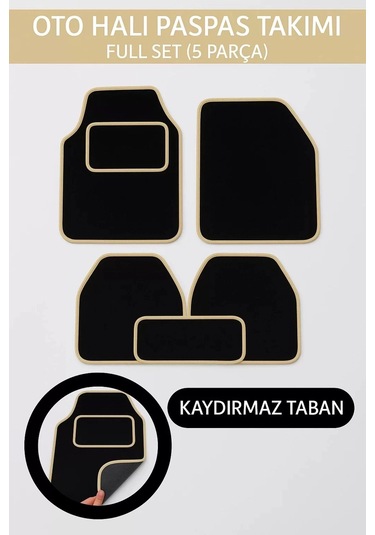 5 Parça Universal Topuk Destekli Oto Halı Paspas Takımı Kenar Renk Bej