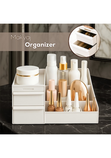 Porsima 5303 Çok Amaçlı Organizer 2 Çekmeceli Kozmetik Parfüm Krem Takı Makyaj Düzenleyici Beyaz
