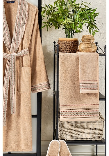 Vevien Ansaaj Jakarlı 4 Parça Bornoz Seti Bej