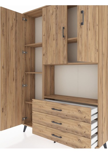Arges Dolap 6 Raflı 3 Çekmeceli 3 Kapaklı 132x30x195 Çam-çam/çam Çam