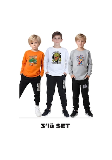 Fyk Kids 3'lü Erkek Çocuk Baskılı Yuvarlak Yaka Alt-üst Pijama Takımı Turuncu