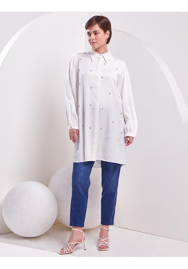İnci İşlemeli Jakarlı Tunik-ekru Ekru