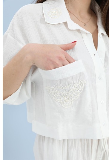 Takım Nakış Detaylı Viskon Gömlek Pantolon - Ekru-ekru Ekru