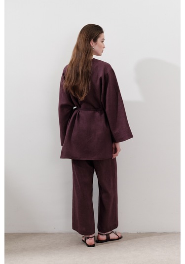 Keten Kruvaze Kapama Kimono Mürdüm Mürdüm