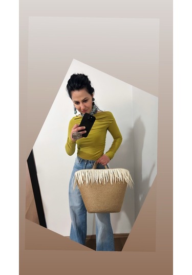 Hasır Çanta, Plaj Çantası, Tasarım Çanta, Ekru Kalın Püsküllü El Çantası Kahverengi - Açık Bej