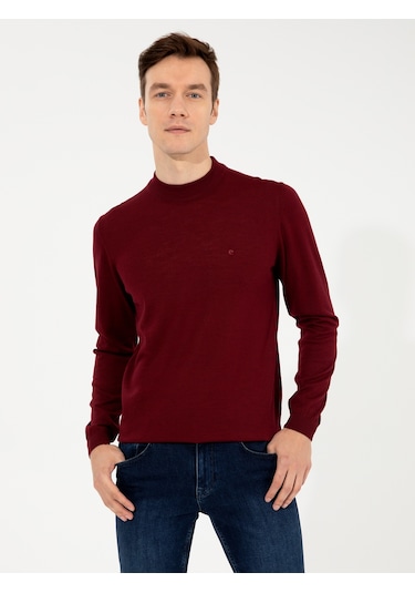 Cacharel Koyu Bordo Slim Fit Çeyrek Balıkçı Yaka Basic Triko Kazak