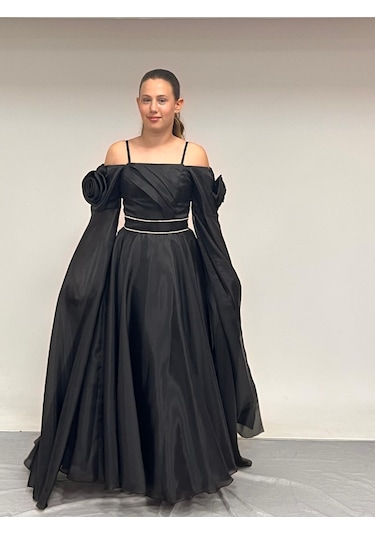 Kız Çocuk Abiye Siyah Uzun Askılı Kolları Çıkabilen Pelerinli Şifon Abiye Elbise 10-15 Yaş Siyah