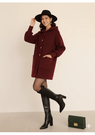 Kadın Oversize Bol Kesim Diz Üstü Siyah Kaban Büyük Cepli Yünlü Kumaş Kapüşon Detaylı Bordo