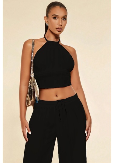 Sırt Bağlamalı Dalgalı Akordiyon Kumaşlı Kolsuz Crop Bağcıklı Yazlık Pantolon Takım Siyah
