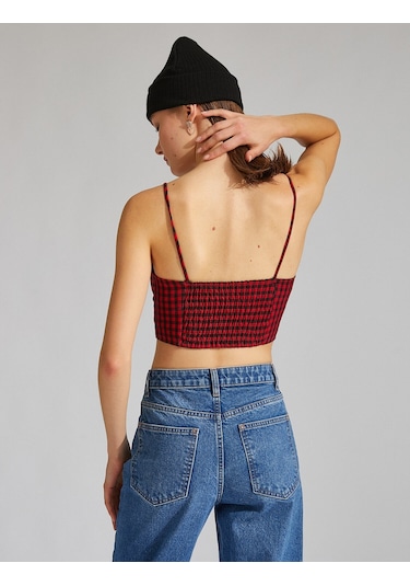 Koton İnce Askılı Crop Top Kırmızı Ekose 2sak30041pw