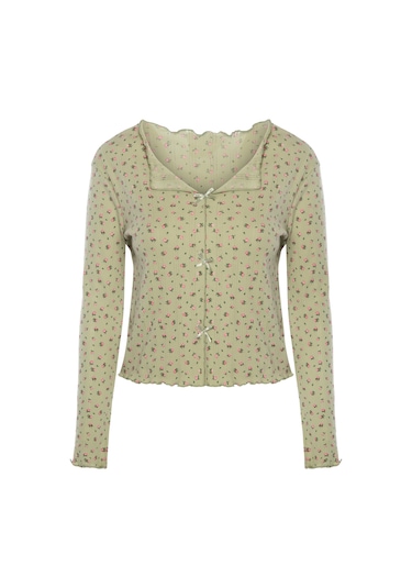 Kadın Pamuklu Çıtır Çiçek Desenli Baby Overloklu Fiyonk Detaylı Uzun Kollu Pijama Takımı Ko70142 Yeşil - Pembe