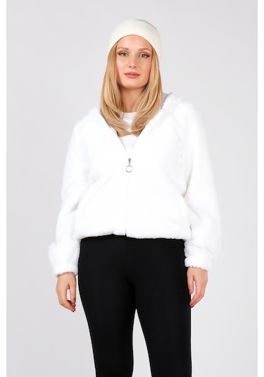 Giyim Dünyası Kadın Kapüşonlu Peluş Mont Beyaz 001