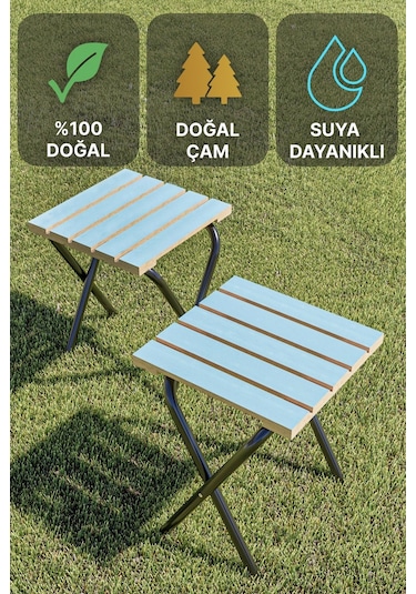 Bino Suya Dayanıklı Şık Ahşap Tasarım Kamp ve Bahçe Tabure 2'li Set Mavi