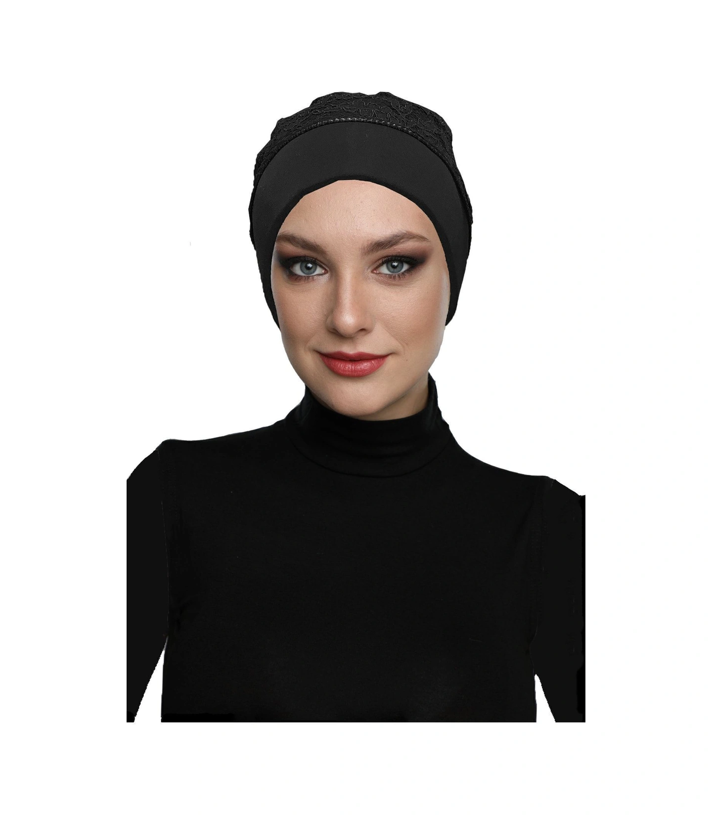 Kordoneli Arkası Fırfırlı Önü Plise Biyeli Siyah Hazır Türban Tesettür Bone Siyah