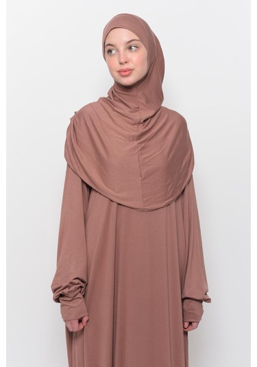 Pratik Tek Parça Pamuklu Yarasa Kollu Tak Çıkar Başörtülü Tesettür Namaz Elbisesi Toprak Çok Renkli