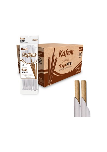 Kafem Sargılı Kraft Kağıt Pipet 19,5cm 25li X 100 Paket Koli