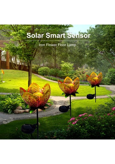 Yifomall Güneş Enerjili Altın Sarı Demir Çelik Delikli Çiçek Desenli Bahçe, Ev Bahçesi Ve Peyzaj Dekorasyonu İçin Dış Mekan Toprak Takılı Led Işık