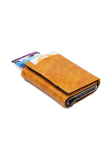 Tuldar Erkek Rfıd Otomatik Çekim Koruyucu Mekanizmalı Kağıt Para Bölmeli Hediyelik Kartlık Cüzdan Tul601 - Turuncu