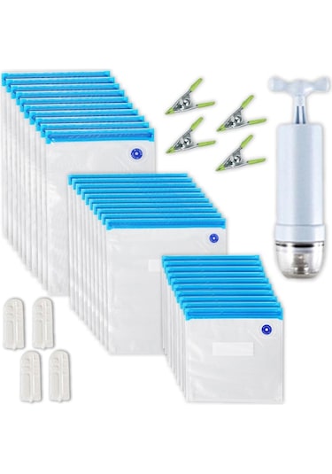 35pcs Vakumlu Gıda Saklama Torbası Yeniden Kullanılabilir Vakumlu Kapatma Torbaları 3 Boyutlu 1 El Pompası 4 Pişirme Klipsi