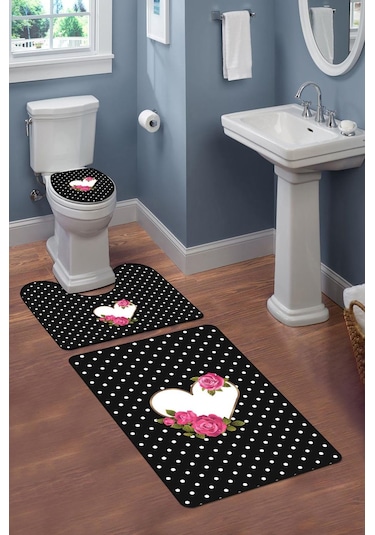 Modern Desenli Dijital Baskı 3 Lü Banyo Paspas Takımı Yıkanabilir Kaymaz Tabanlı Klozet Takımı Klz0031 Renkli