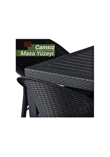 Bambu Siyah 90x150 Cm Camsız Rattan Bahçe Balkon Masa Takımı Siyah