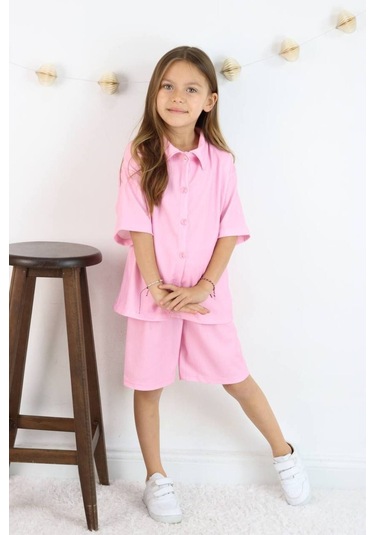 Gömlek Oversize Kız Şort Takım Soft Pembe Açık Pembe