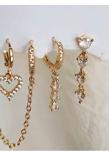 6'lı Kalp Baget Model Altın Kaplama Gold Küpe Seti Sarı