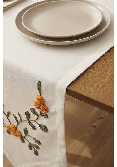 Sarı Çiçek Nakışlı Vintage Keten Runner 40x140 Cm Krem