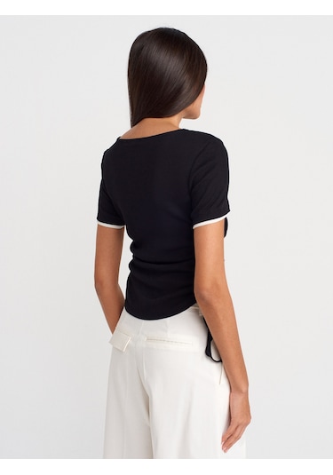 Dilvin 31816 Çift Katlı Büzgülü T-shirt-siyah SIYAH