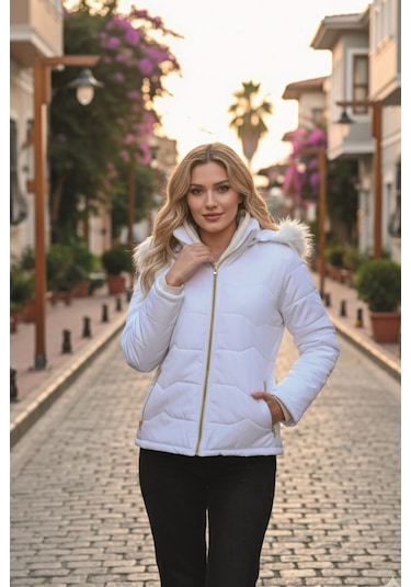 Barbora Günlük Kürklü Şişme Kadın Mont Beyaz