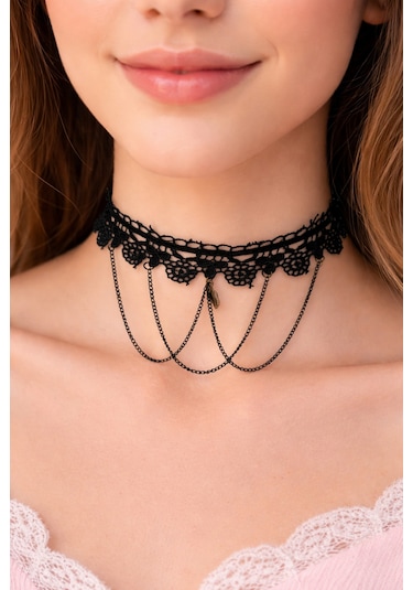 Gotik Siyah Püsküllü Dantel Kolye Vintage Tarzı