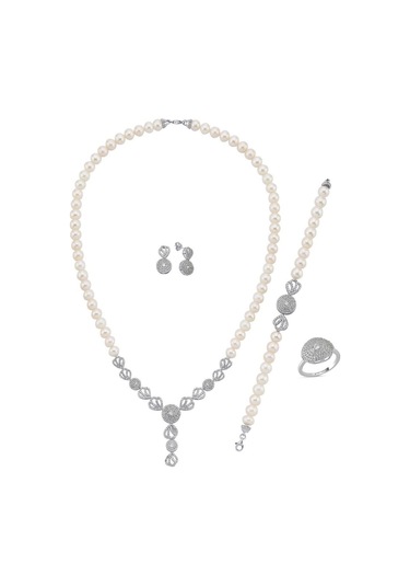 7,5 Mm Zirkon Taşlı İnci Kolye Bilelik Küpe Yüzük Dörtlü Set 8 / Beyaz Gümüş