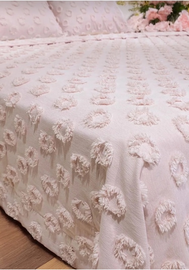 Ponpon Desenli 3 Parça Çift Kişilik Yatak Örtüsü Pudra